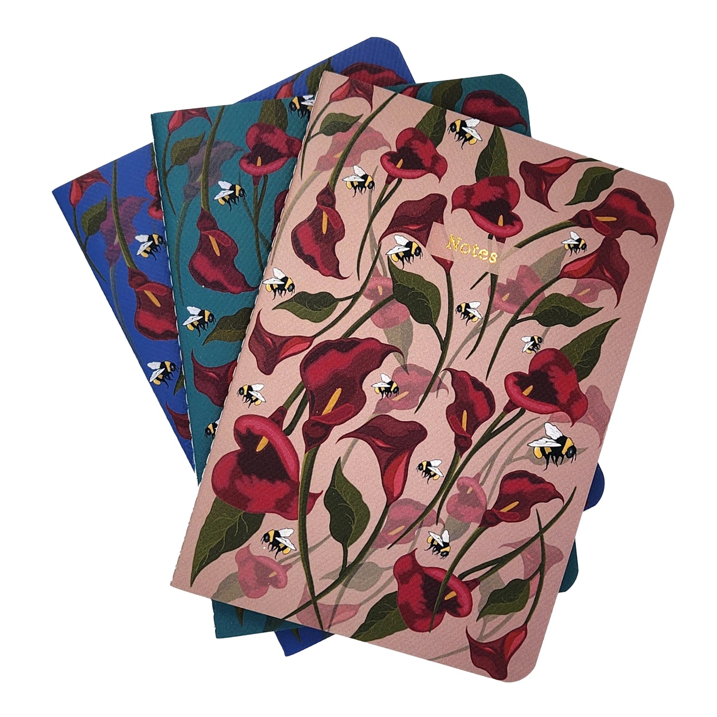 Set of four floral soft cover notebooks with calla lilies design on a white background