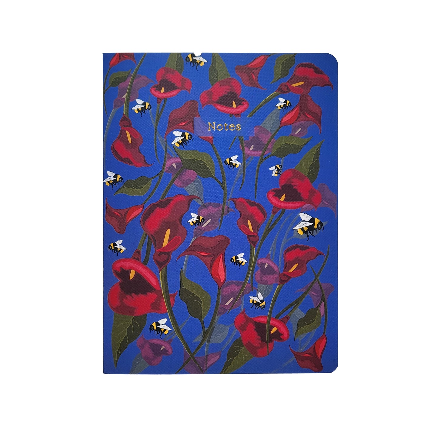 Soft floral themed cover journal with red calla lilies and bees on an indigo background