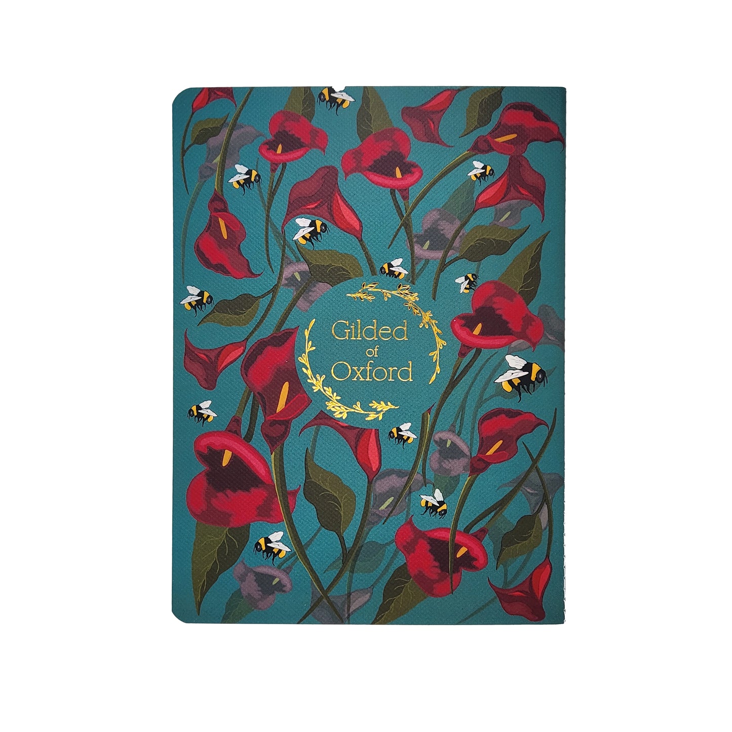 Floral design notebook with 'Gilded of Oxford' branding in gold foil on a jade background