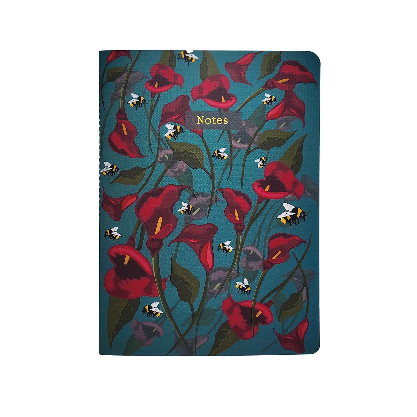 Notebook with red floral design and 'Notes' label in gold foil on a jade background