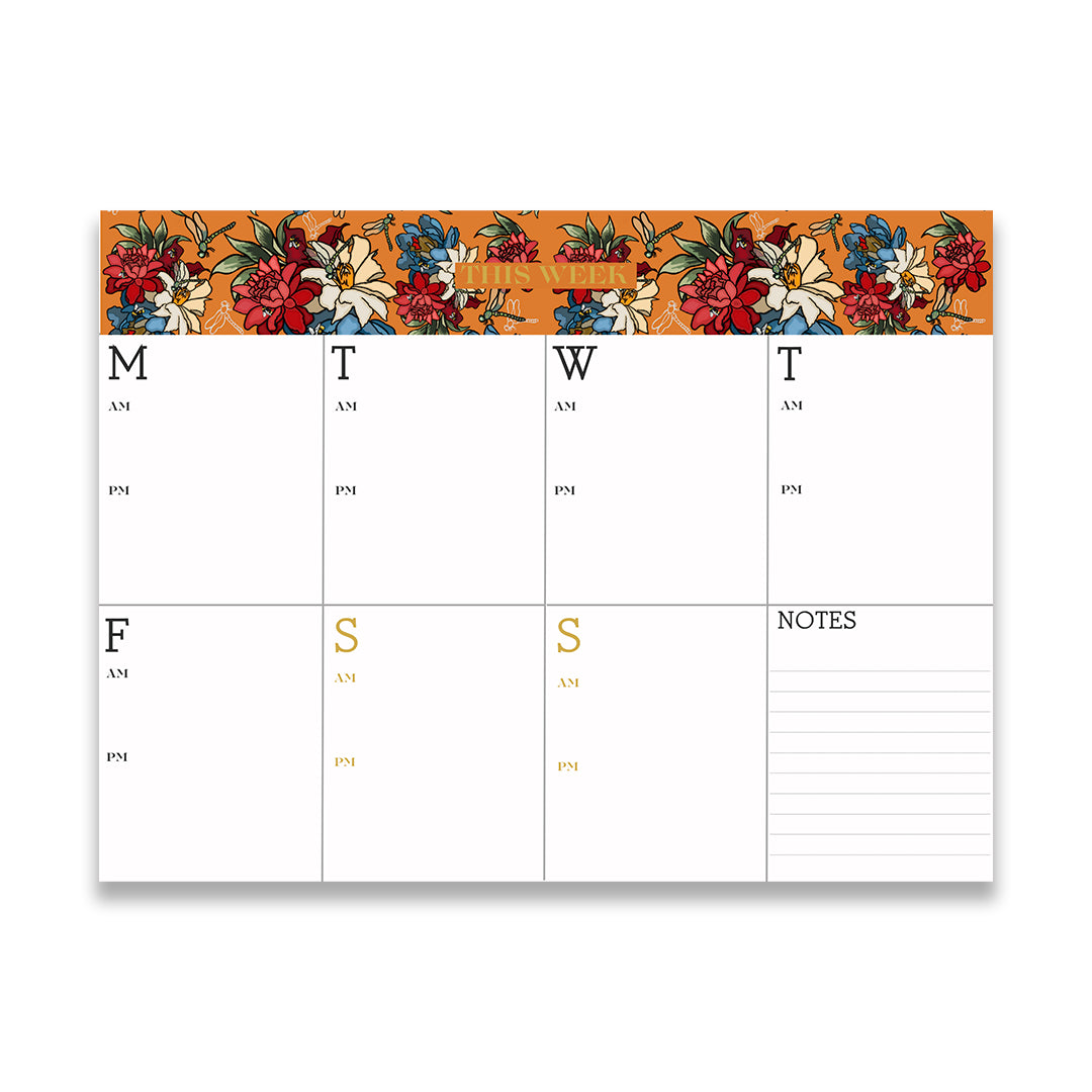A weekly planner with a pumpkin and dragonfly design at the top, featuring spaces for meal planning from Monday to Sunday with a notes section on the right side.