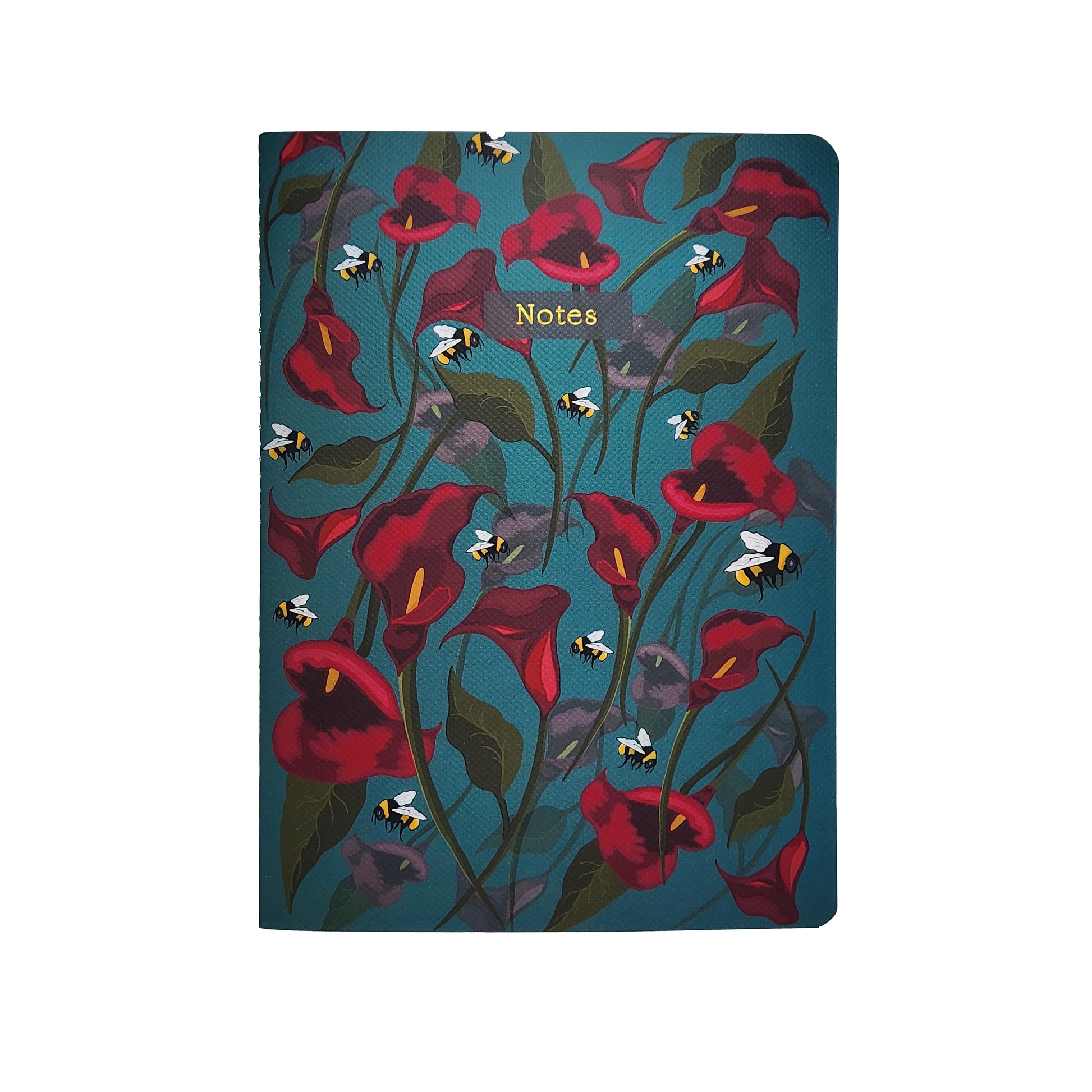 Notebook with red floral design and 'Notes' label in gold foil on a jade background