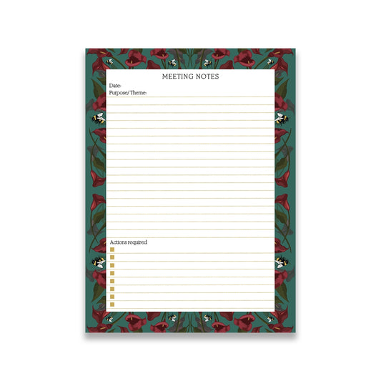 A floral patterned meeting notepad with calla lily designs in green, red, and white.