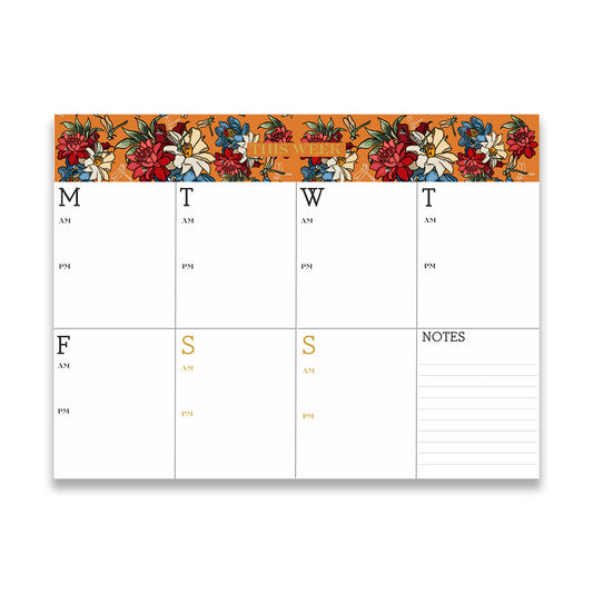 A weekly planner with a pumpkin and dragonfly design at the top, featuring spaces for meal planning from Monday to Sunday with a notes section on the right side.